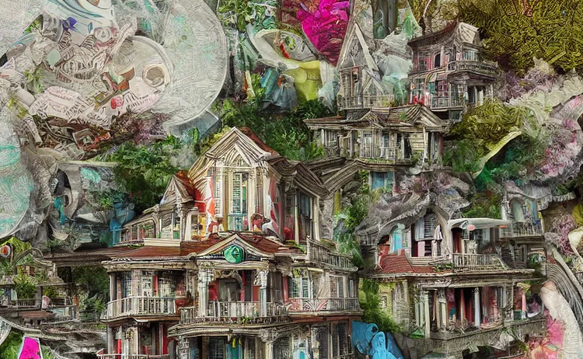 Image similar to hyperdetailed home, seen from the distance. along a maximalist river made of paper and unexpected interesting elaborate fabric elements. 8 x 1 6 k hd mixed media 3 d collage in the style of a childrenbook illustration in soft natural tones. matte background no frame hd