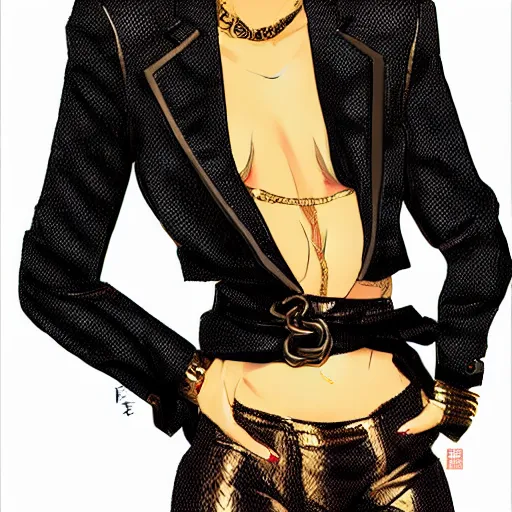 Image similar to yakuza slim girl, gold suit jacket in snake print, jacket over bare torso, yakuza tattoo on body, black short curtain haircut, black leather pants with black belt, elegant, 2d, ultra highly detailed, digital painting, smooth, sharp focus, artstation, art by Ilya Kuvshinov