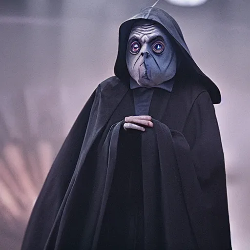 Image similar to mr. bean as darth sidious in star wars, film still, cinematic lighting, highly detailed