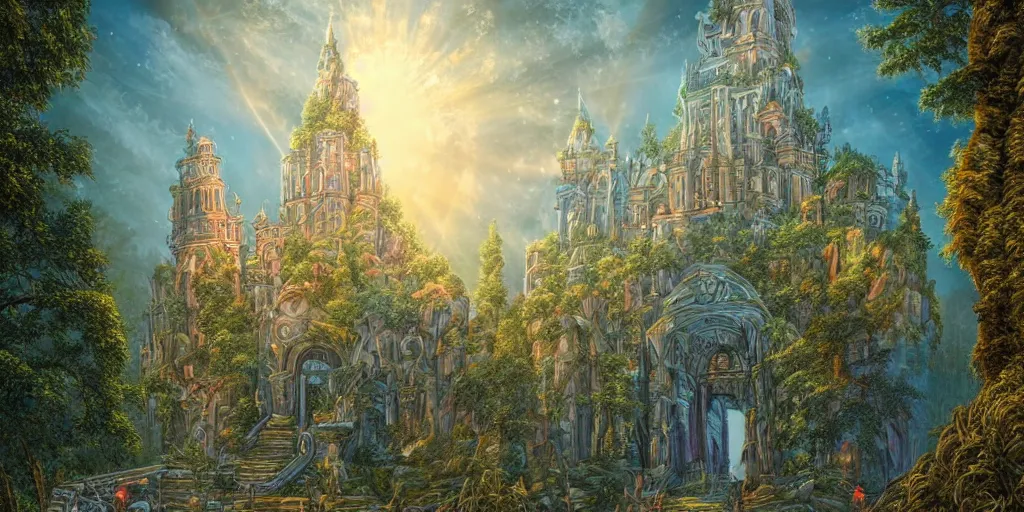 Prompt: detailed veduta of a monumental castle in a magical forest town with tall trees and statues of ancient goddesses, heroes of might and magic 3, whimsical, fairy tale, hyper realistic, volumetric lighting, sunshafts, dan mumford