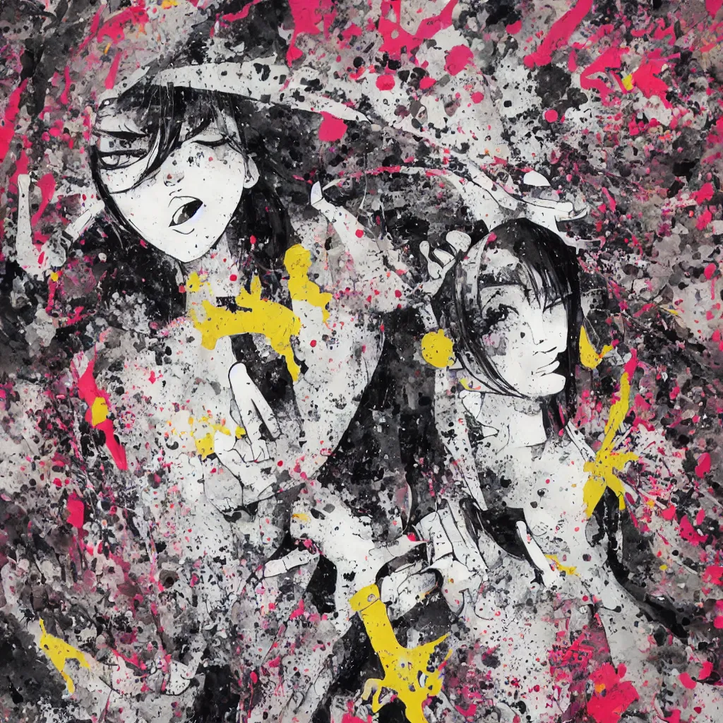 Image similar to girl figure, abstract, jet set radio artwork, ryuta ueda artwork, cryptic, rips, spots, asymmetry, stipple, lines, splotch, color tearing, pitch bending, stripes, dark, ominous, eerie, hearts, minimal, points, technical, old painting, natsumi mukai artwrok, folds