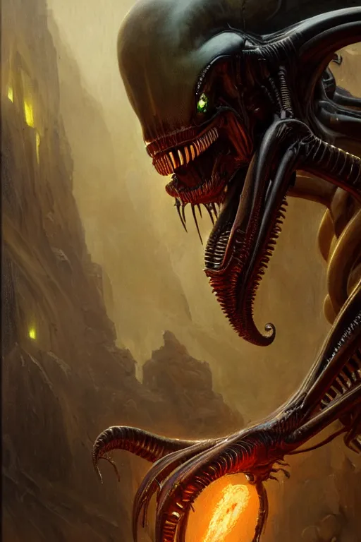 Image similar to a portrait of xenomorph king with glow eyes, high detail, realistic by gaston bussiere, bayard wu, greg rutkowski, giger, maxim verehin, greg rutkowski, masterpiece, sharp focus, cinematic lightning