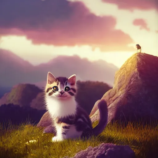 Image similar to a wholesome animation key shot of a kitten on a hill, simetrical medium shot, studio ghibli, pixar and disney animation, sharp, rendered in unreal engine 5, anime key art by greg rutkowski, bloom, dramatic lighting