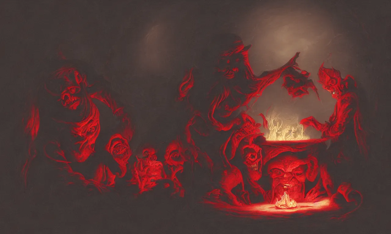 Image similar to hellish tea cozy by asher brown durand, trending on artstation, 8 k resoltuion, chiaroscuro, black hole, ambient occlusion, volumetric lighting, creepypasta, anamorphic flares, red lights, cyberpunk demonic symbols