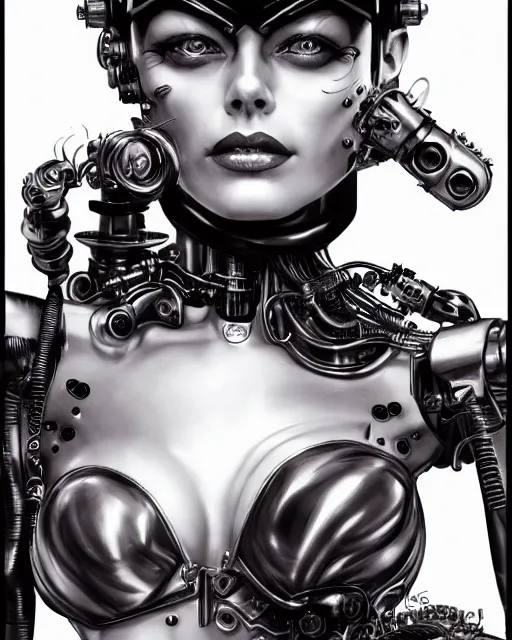 Image similar to margo robbie, steam punk, half robot, evil 8 k, concept art, extremely detailed, black and white, by hajime sorayama