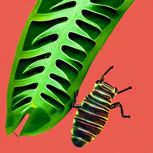 Image similar to tiny cute caterpillar eating the monstera leaf, 3d highly detailed, The Rusted Pixel style