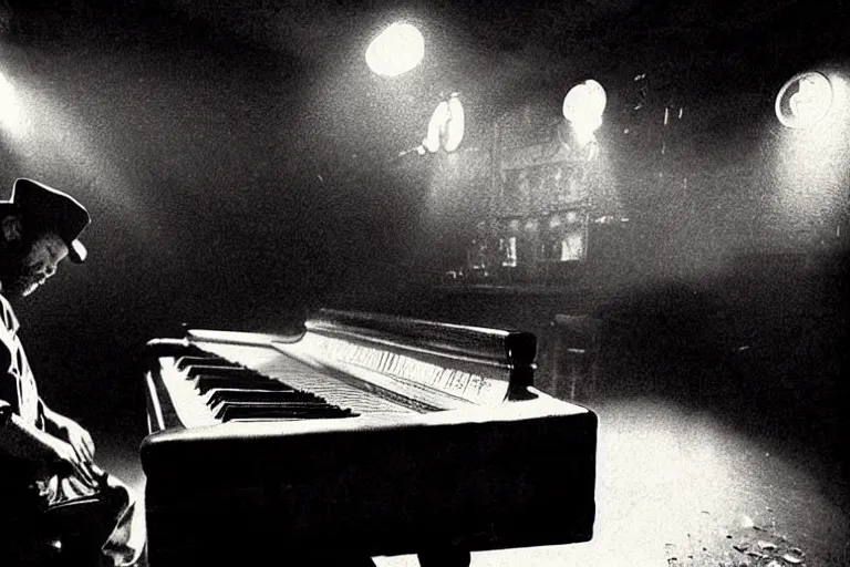 Image similar to tom waits playing an old piano in a dingy whiskey bar, cigarette smoke, broken jukebox, drunk asleep at a table, jack daniels, faded color photograph, moody, atmospheric, light rays through smoke