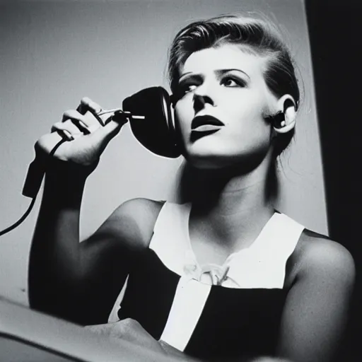 Prompt: young woman speaking on a retro telephone, by david lynch, 1 9 8 7