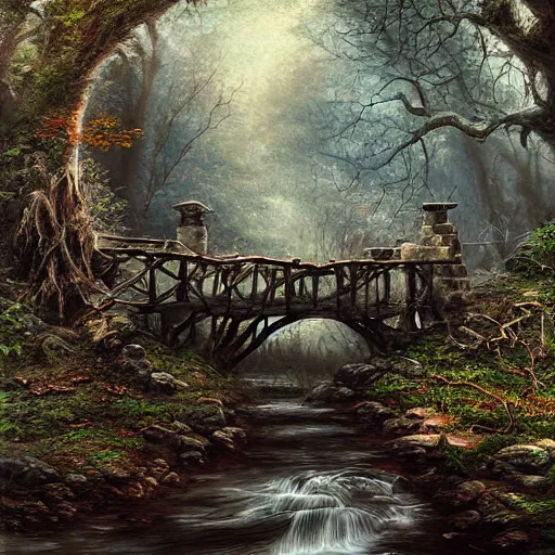 Prompt: old rickety bridge over a stream within a dark dying forest, high resolution, highly detailed, dark fantasy, by anne stokes, digital art