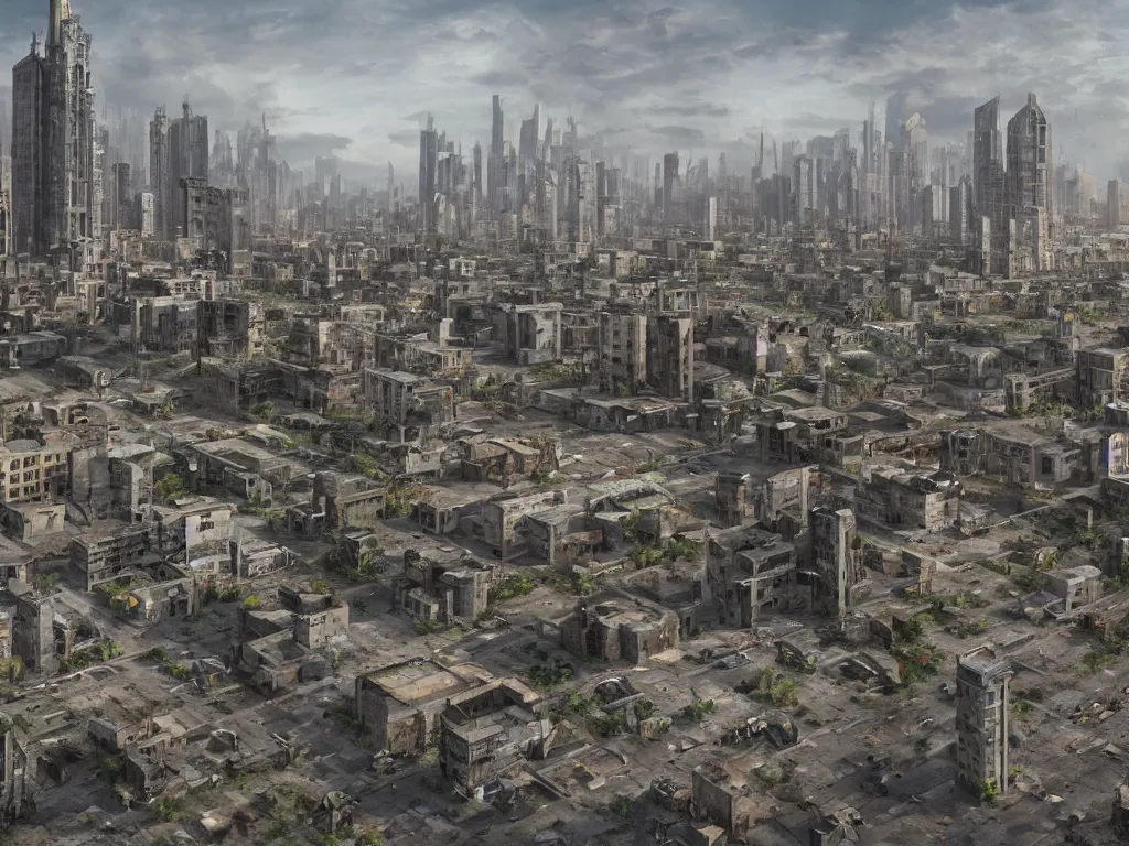 Image similar to A matte painting of a realistic abandoned urban city,featured on ArtStation, realistic colors,Super wide angle,viewed from very far away,Daytime,Flat roads,Geometrically realistic