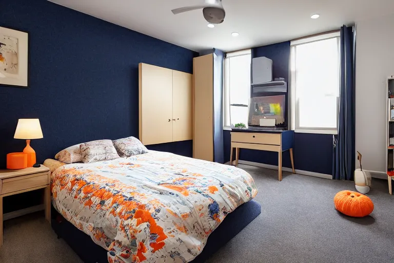 Image similar to a 10 by 11 foot room with a bed, big desk, two wooden wardrobes, a little side table in a light wood veneer, a window, desk fan, table light, and an old boxy TV carpeted with navy blue low pile carpet with a ceiling fan gives off a dim orange light, Ultra realistic