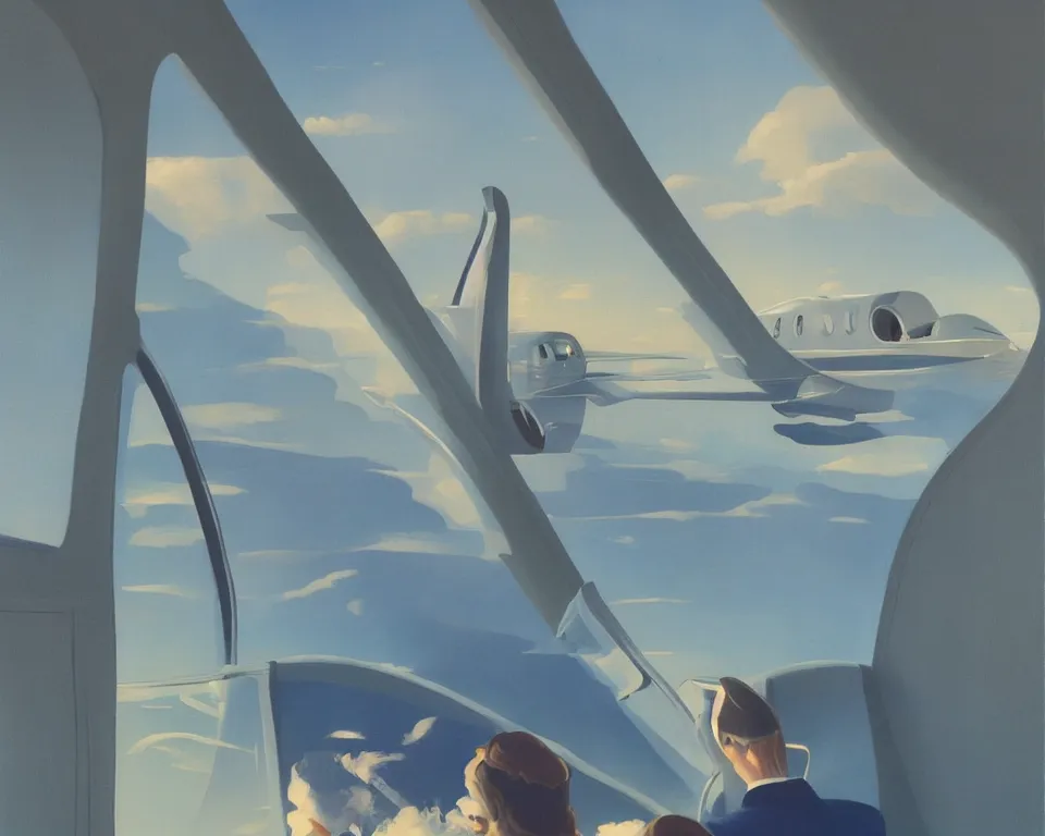 Prompt: an achingly beautiful print of inside a private jet looking out the window at Disneyland and surrounding area by Raphael, Hopper, and Rene Magritte. detailed, romantic, enchanting, trending on artstation.