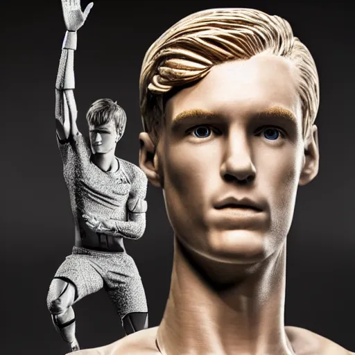 Image similar to a realistic detailed photo of a guy who is an attractive humanoid who is half robot and half humanoid, who is a male android, soccer player martin ødegaard, shiny skin, posing like a statue, blank stare, by the pool, on display, showing off his muscles, humanoid robot, frozen ice statue