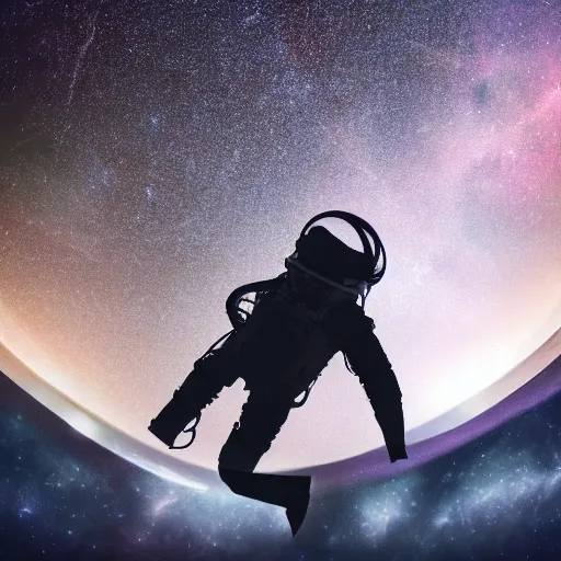 Image similar to astronaut silhouette with arms extended forward, bottom of arms lit by light coming from off camera, light coming from below, starry sky background, lit from below, full body photo,, 8 k