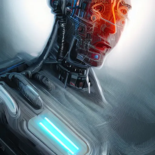 Image similar to close up of guy connected to computer with wires and tubes, cyborg, dystopian, highly detailed, digital painting, artstation, concept art, soft light, sharp focus, illustration