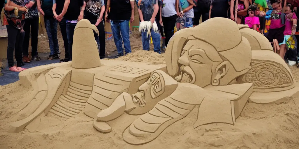 Image similar to masterfully crafted sand sculpture of a lemmy kilmister from motorhead at the playground's sandbox