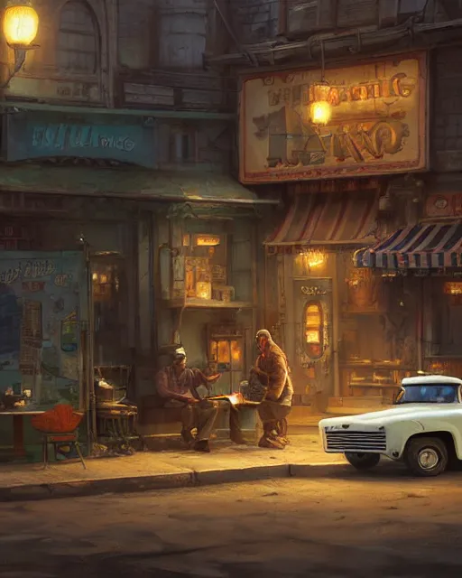 Image similar to talking truck buying cigarettes from a vending machine in a robust fantasy village, calming, uplifting mood, ultra realistic, factory, funny, small buildings, highly detailed, epic lighting, illuminated, cinematic, morning, art by eddie mendoza
