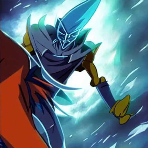 Image similar to Karthus from League of Legends in anime movie, dragonballz, jojo