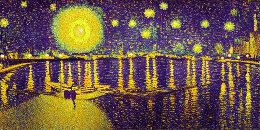 Prompt: starry night, oil painting, yellow and purple scheme, by Georges Seurat