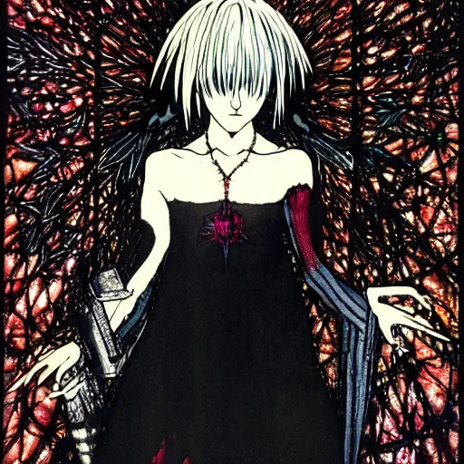 Prompt: amane misa, death note, artwork by Harry Clarke, highly detailed