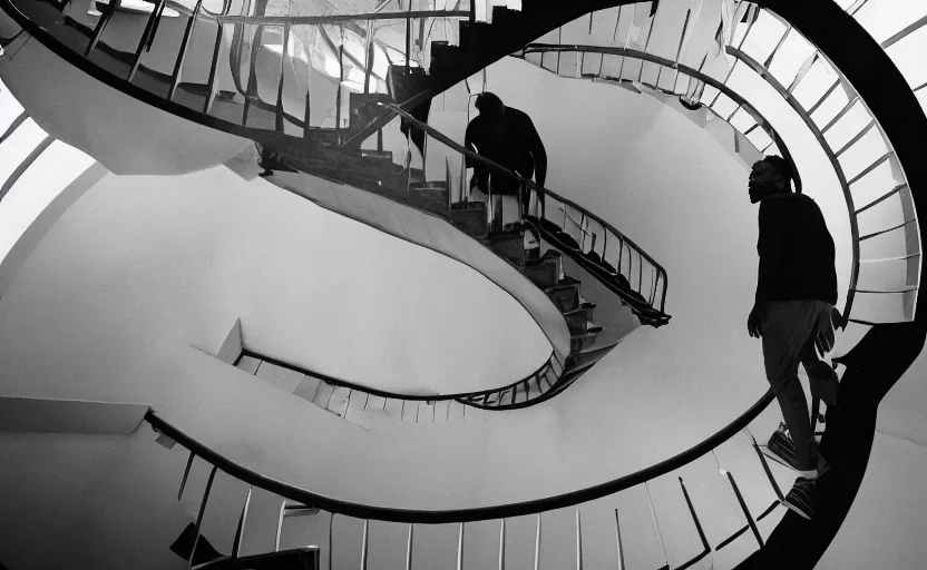 Image similar to zoomed out photo of frank ocean walking up a spiral staircase in the centre of the room, greyscale,