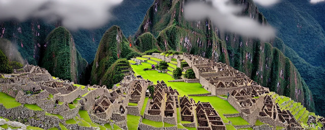 Prompt: Machu Picchu digital art, far away, low fog layer