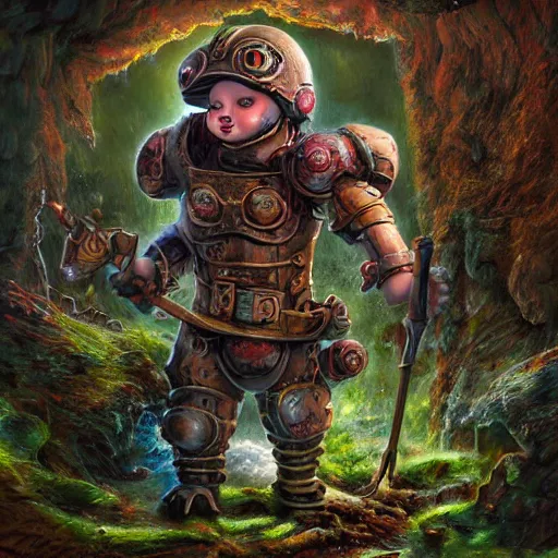 Image similar to rescue from the underworld, shadows of the past, The Mekanik Doll, chubby moss kitten, by jeff easley and Dylan Kowalski, highly detailed, digital painting, HDRI, by vivid colors, high contrast, 8k resolution, intricate, beautiful and thematically complex, smooth