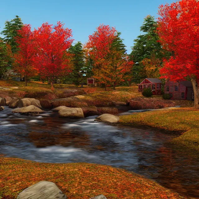 Image similar to small new england colonial village on a river in the white mountains of new hampshire, fall foliage, realistic, unreal engine render, octane render, hyper realistic, photo, 8 k