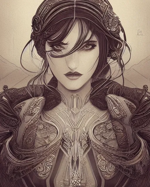Prompt: portrait of a woman, art deco styl, e beautiful, mesmerizing, concept art, highly detailed, smooth, fantastical, cinematic, intricate linework, detailed and intricate environment, artstation, inspired by monstress, sana takeda
