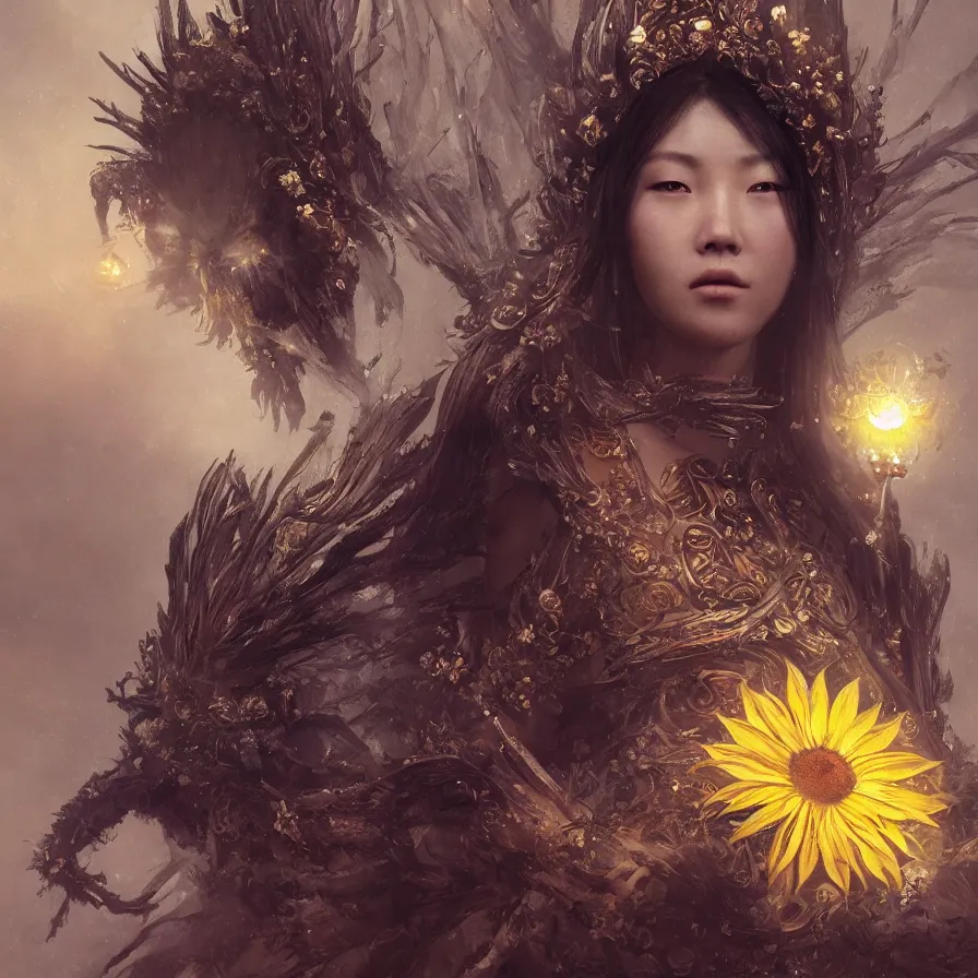 Prompt: a fancy portrait of the chinese sunflower goddess by Greg Rutkowski, Sung Choi, Mitchell Mohrhauser, Maciej Kuciara, Johnson Ting, Maxim Verehin, Peter Konig, Bloodborne, macro lens, 35mm, 8k photorealistic, cinematic lighting, HD, high details, atmospheric,