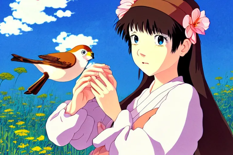 Image similar to young pretty girl holding a bird in her hands, looking touched, Fragile looking character portrait , beautiful scene; highly detailed art, by Studio Ghibli , High contrast, anime art