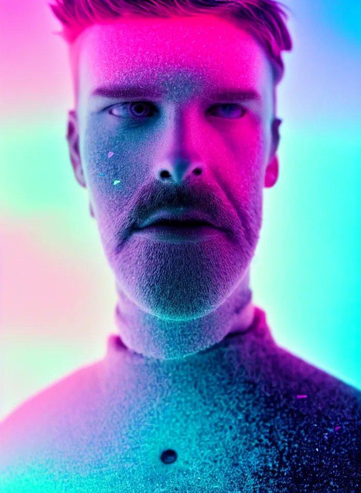 Image similar to high quality pastel coloured film close up photograph of a handsome cyborg in an icelandic black rock!! environment in a dreamstate black rock world. three point light, rainbow. photographic production. art directed. pastel colours. volumetric light. pastel gradient overlay. waves glitch artefacts. extreme facial silliness. 8 k. filmic.