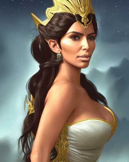 Image similar to A film still of kim kardashian as princess zelda in real life, highly detailed, digital painting, artstation, concept art, sharp focus, illustration, cinematic lighting, art by artgerm and greg rutkowski and alphonse mucha diffuse lighting, fantasy, intricate, elegant, highly detailed, lifelike, photorealistic, digital painting, artstation, illustration, concept art, smooth, sharp focus, art by John Collier and Albert Aublet and Krenz Cushart and Artem Demura and Alphonse Mucha