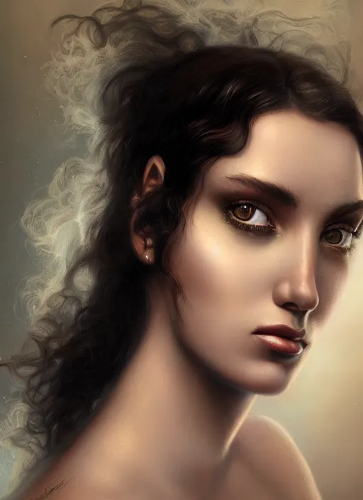 Image similar to portrait of the most beautiful 20-year-old Greece woman by boris Vallejo and Tom Bagshaw, close up, detailed, Sony a7R