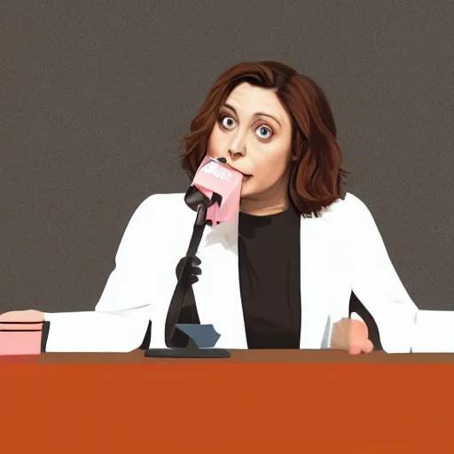 Prompt: rachel bloom holding a press conference in her head for all her negative feelings, digital art, 8 k resolution, highly detailed