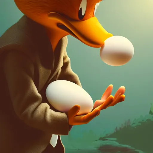 Image similar to Young Scrooge McDuck at White Agony Creek holding up goose egg nugget, hyper realistic digital art by Disney, epic full length, exquisite detail, post-processing, low angle, masterpiece, cinematic