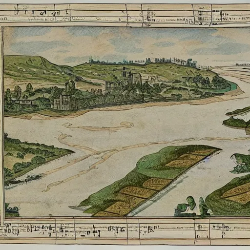 Prompt: A roman city sits in the wide bend of a river. A road and a bridge transverse the city and rushing rapids, with swamps and trees to the south. in the style of a map. parchment. ink.