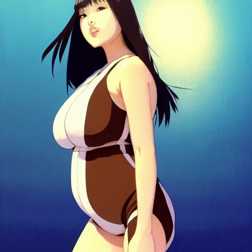 Image similar to a beautiful plus sized model japanese natalie portman, alluring plus sized model with brown skin, wearing mayan leotard with overalls, street fashion hip hop style with mayan patterns, aztec street fashion, gapmoe yandere grimdark, trending on pixiv fanbox, painted by greg rutkowski makoto shinkai takashi takeuchi studio ghibli, akihiko yoshida