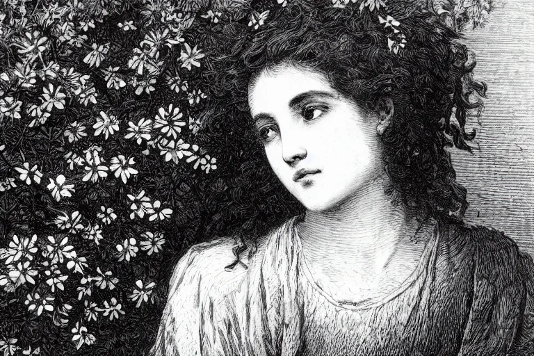 Image similar to black and white, close-up of high detailed young french woman face covered by flowers, Gustave Dore lithography