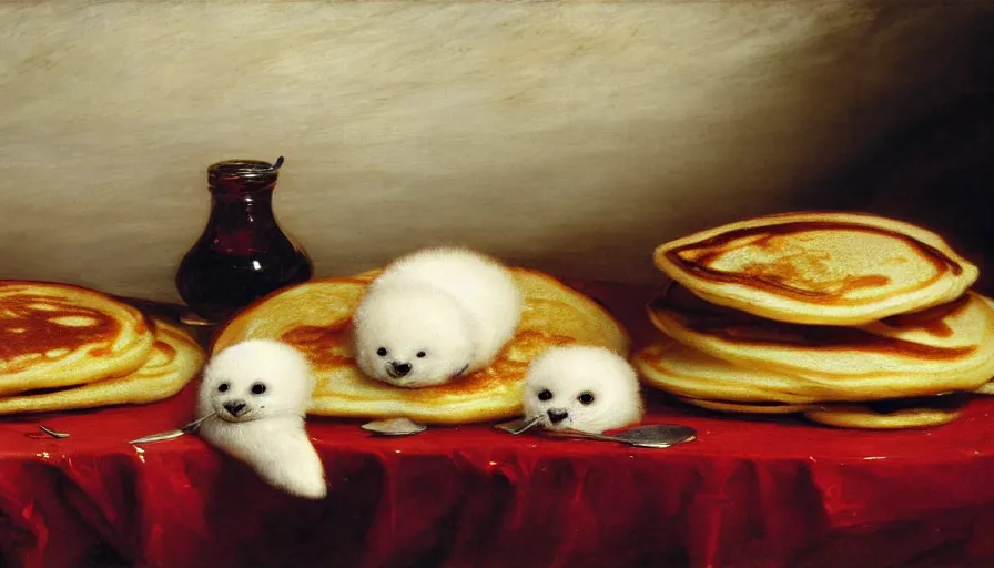 Image similar to highly detailed painting of cute furry white baby seals in a pile of jam pancakes on a table by william turner, by greg rutkowski, by william constable, thick brush strokes and visible paint layers, 4 k resolution