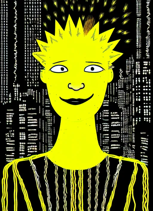 Prompt: highly detailed closeup portrait of wasteland long glowing yellow and white plasma hair cute happy tribal lady, stray electric spark wiring by jean jullien, 4 k resolution, gradient yellow, black and white color scheme!!! ( ( dystopian city background ) )