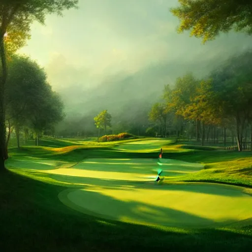 Image similar to Concept art, beautiful painting of a golf course in the midst of metropolis city, green spaces, 8k, Jeremy Cheung, greg rutkowski, artstation