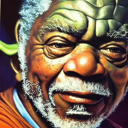 Image similar to ultra realistic portrait painting of morgan freeman as yoda, art by frank frazetta, 4 k, ultra realistic, highly detailed, epic lighting