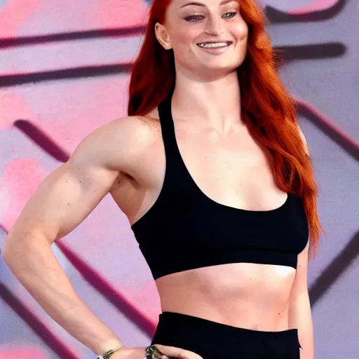Image similar to muscular sophie turner showing her abs, high resolution, hard light, cnn, afp, reuters
