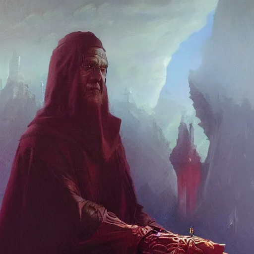 Prompt: an acrylic on canvas portrait painting of the high council leader by Greg Rutkowski, Artgerm and Beksinski. Epic fantasy background.