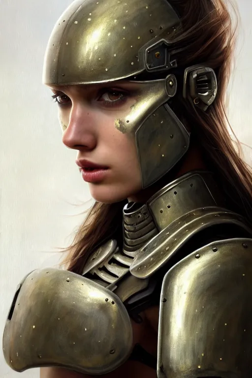 Image similar to a photorealistic painted portrait of an attractive young girl, partially clothed in dull metal-plated battle armor, olive skin, long dark hair, beautiful bone structure, symmetric facial features, perfect photorealistic eyes, natural physique, intricate, elegant, digital painting, concept art, finely detailed, beautifully illustrated, sharp focus, minimal artifacts, from Metal Gear, by Ruan Jia and Mandy Jurgens and Artgerm and William-Adolphe Bouguerea, in the style of Greg Rutkowski, trending on Artstation, award winning