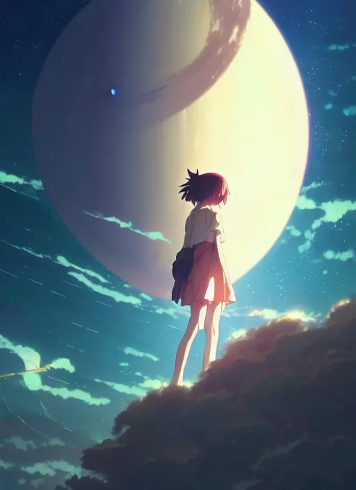 Image similar to anime girl floating against the backdrop of dawn, saturn in the background, illustration, concept art, anime, key visual, trending pixiv fanbox by wlop and greg rutkowski and makoto shinkai and studio ghibli