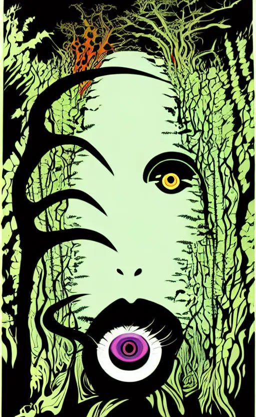 Prompt: psychedelic eyes in an enchanged forest wide angle shot, white background, vector art, illustration by frank frazetta and salvador dali