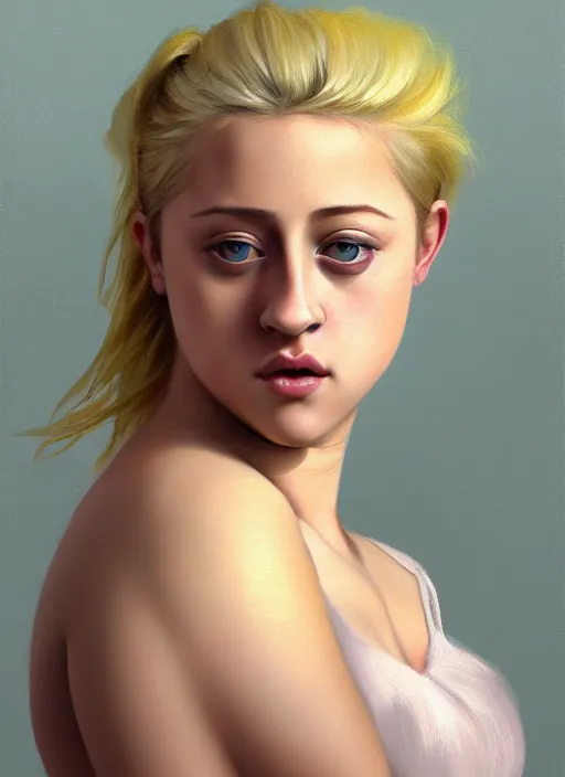 Image similar to full body portrait, teenage lili reinhart, blonde hair, obese, bangs, ponytail, sultry, realistic, sultry smirk, fluffy bangs, curly bangs, fat, belly, intricate, elegant, highly detailed, digital painting, artstation, concept art, smooth, sharp focus, illustration, art by wlop, mars ravelo and greg rutkowski