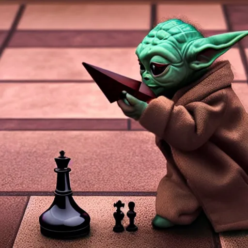 Image similar to real vintage photo, baby yoda playing chess with the terminator, detailed, hyper realistic, 4 k octan render, unreal 5